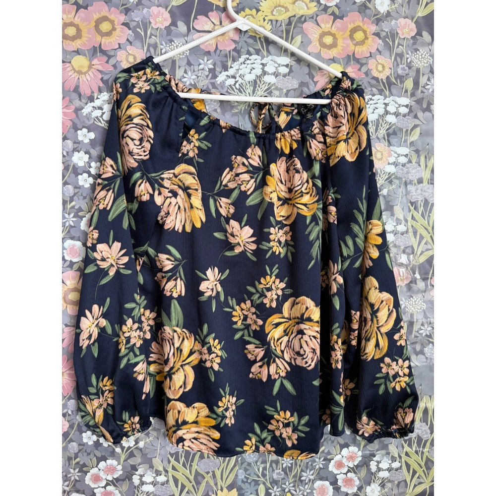Jessica Simpson Navy Blue Floral Long Sleeve Off Shoulder Tie Neck Blouse Size M